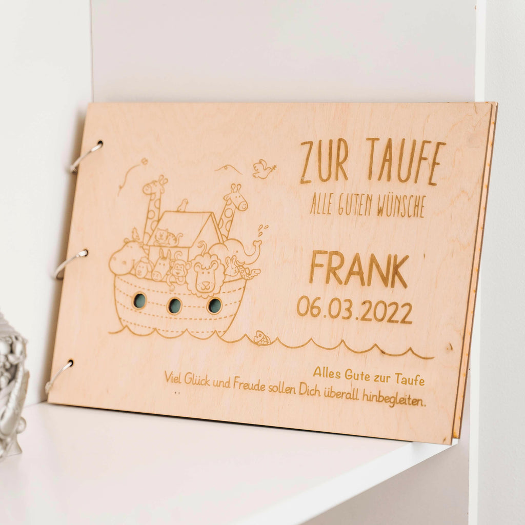 Fotoalbum Baby personalisiert mit Gravur - Gästebuch für Babyparty aus Holz - Arche Noah | natur, A4 Format  - Erinnerungsbuch zum Selbstge.