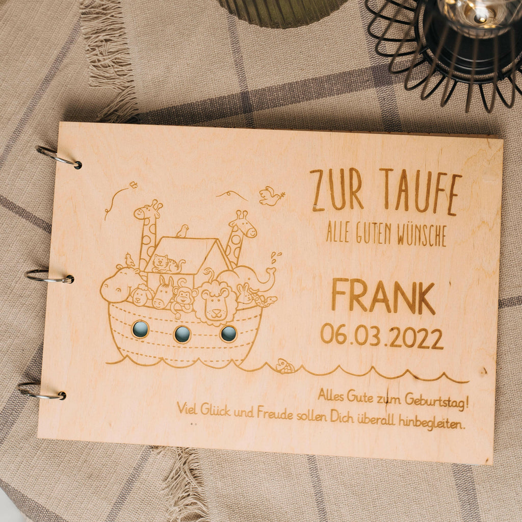 Fotoalbum Baby personalisiert mit Gravur - Gästebuch für Babyparty aus Holz - Arche Noah | natur, A4 Format  - Erinnerungsbuch zum Selbstge.