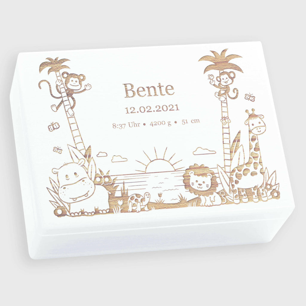 Personalisierte Box für Baby - Dschungel - Kinder Erinnerungskiste - Holzkiste Weiß, FSC® | Erinnerungsbox aus Holz - Babybox mit Gravur M | L | XL.