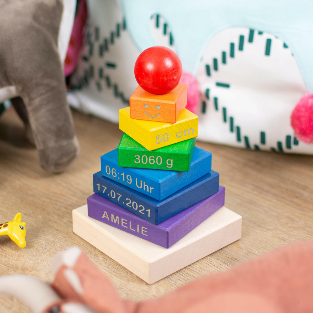 Stapelturm für Baby personalsiert - Gravur mit Namen -Steckspiel mit 7 Elementen | Holz, farbig, groß - ‎für Kinder ab 1 Jahr & älter.