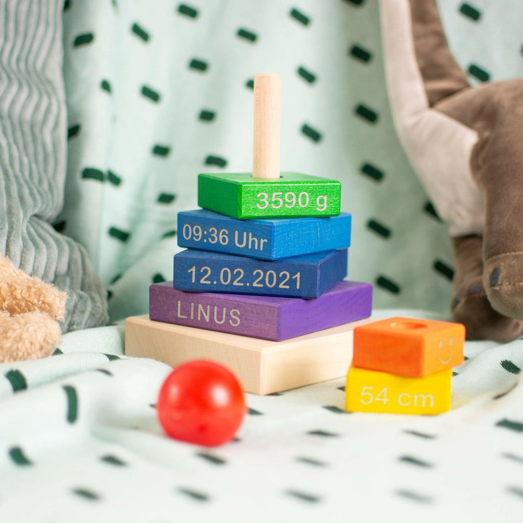 Stapelturm für Baby personalsiert - Gravur mit Namen -Steckspiel mit 7 Elementen | Holz, farbig, groß - ‎für Kinder ab 1 Jahr & älter.