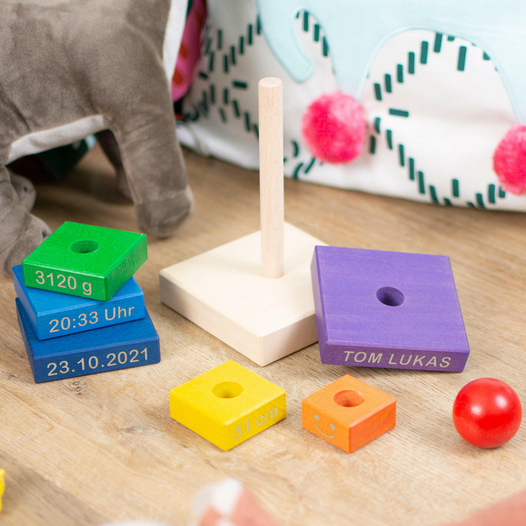 Stapelturm für Baby personalsiert - Gravur mit Namen -Steckspiel mit 7 Elementen | Holz, farbig, groß - ‎für Kinder ab 1 Jahr & älter.