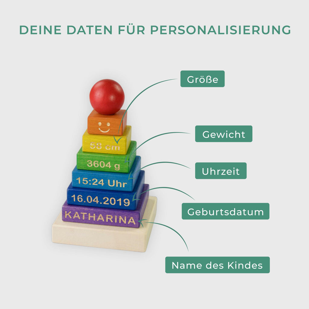 Stapelturm für Baby personalsiert - Gravur mit Namen -Steckspiel mit 7 Elementen | Holz, farbig, groß - ‎für Kinder ab 1 Jahr & älter.