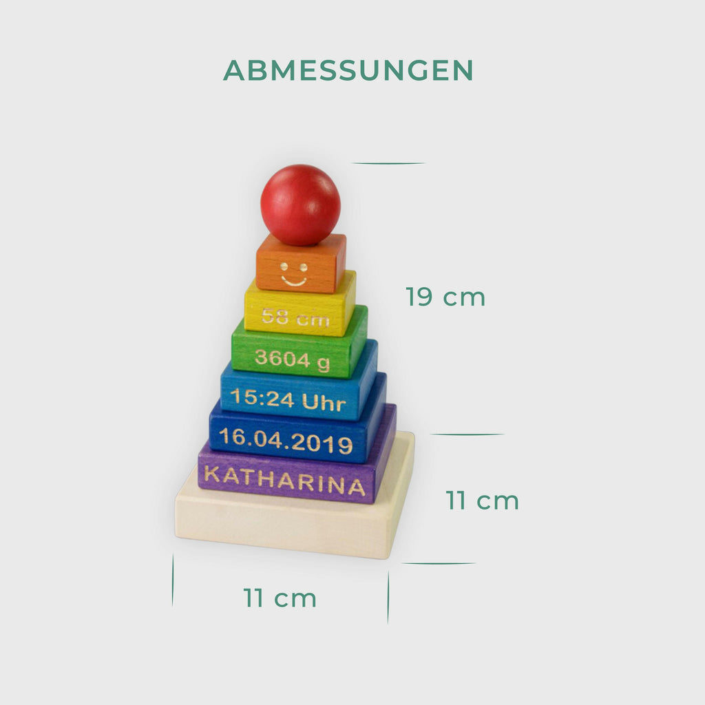 Stapelturm für Baby personalsiert - Gravur mit Namen -Steckspiel mit 7 Elementen | Holz, farbig, groß - ‎für Kinder ab 1 Jahr & älter.