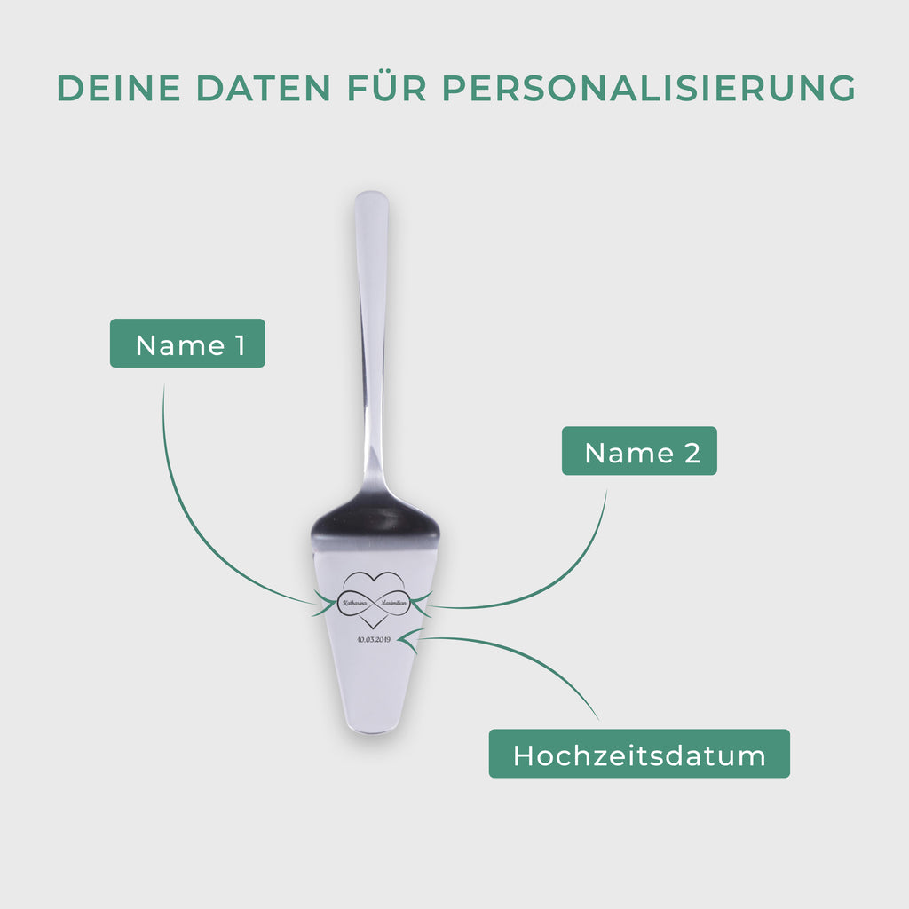 Tortenheber mit Gravur zur Hochzeit - Kuchenheber Personalisiert als Geschenke - Herz Motiv | Edelstahl - Hochzeitsgeschenk für Brautpaare.