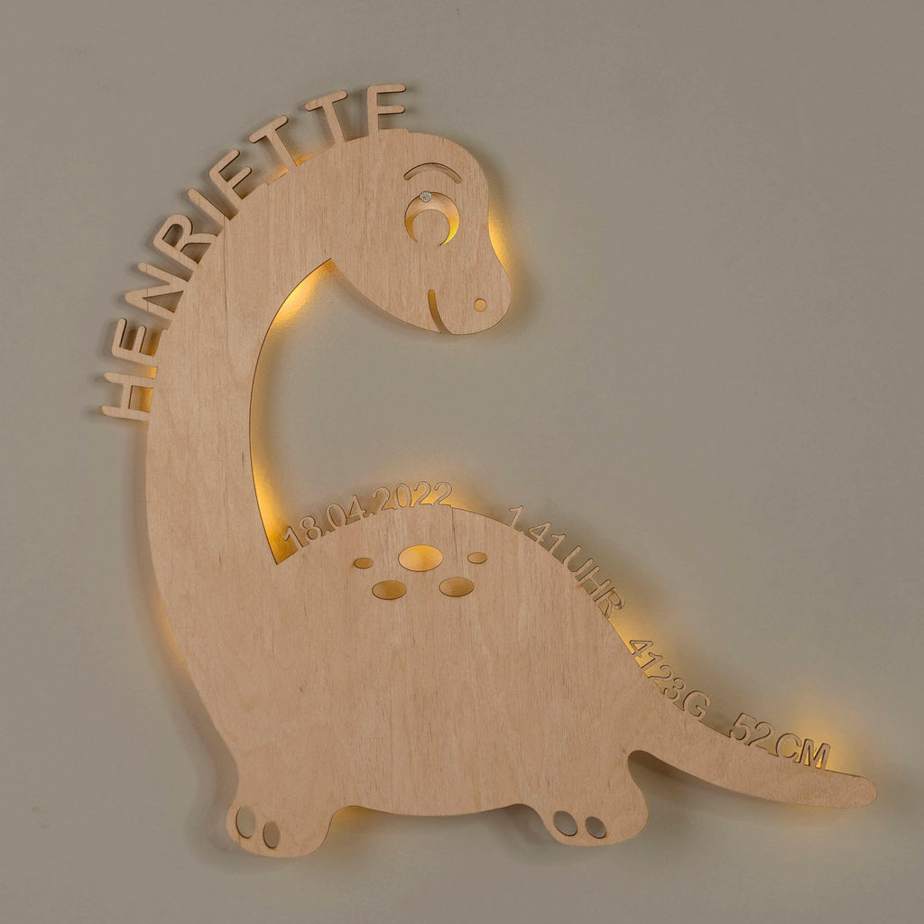 Schlummerlicht Baby mit Namen - Kinder Nachtlicht Personalisiert - Dino | LED Holz Lampe Dinosaurier.