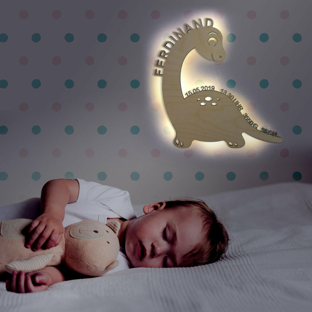Schlummerlicht Baby mit Namen - Kinder Nachtlicht Personalisiert - Dino | LED Holz Lampe Dinosaurier.