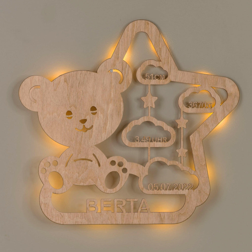Schlummerlicht Baby mit Namen - Kinder Nachtlicht Personalisiert - Teddybär | LED Holz Lampe Teddy.