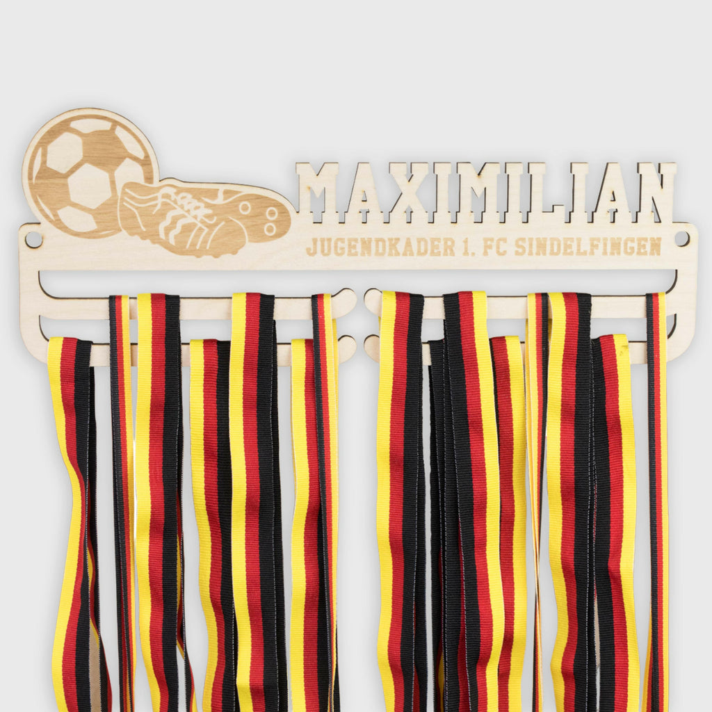 Medaillenhalter Fussball - Personalisiert mit Sportler-Name - Geschenk für Fußballer | Fußballschuhe Motiv.