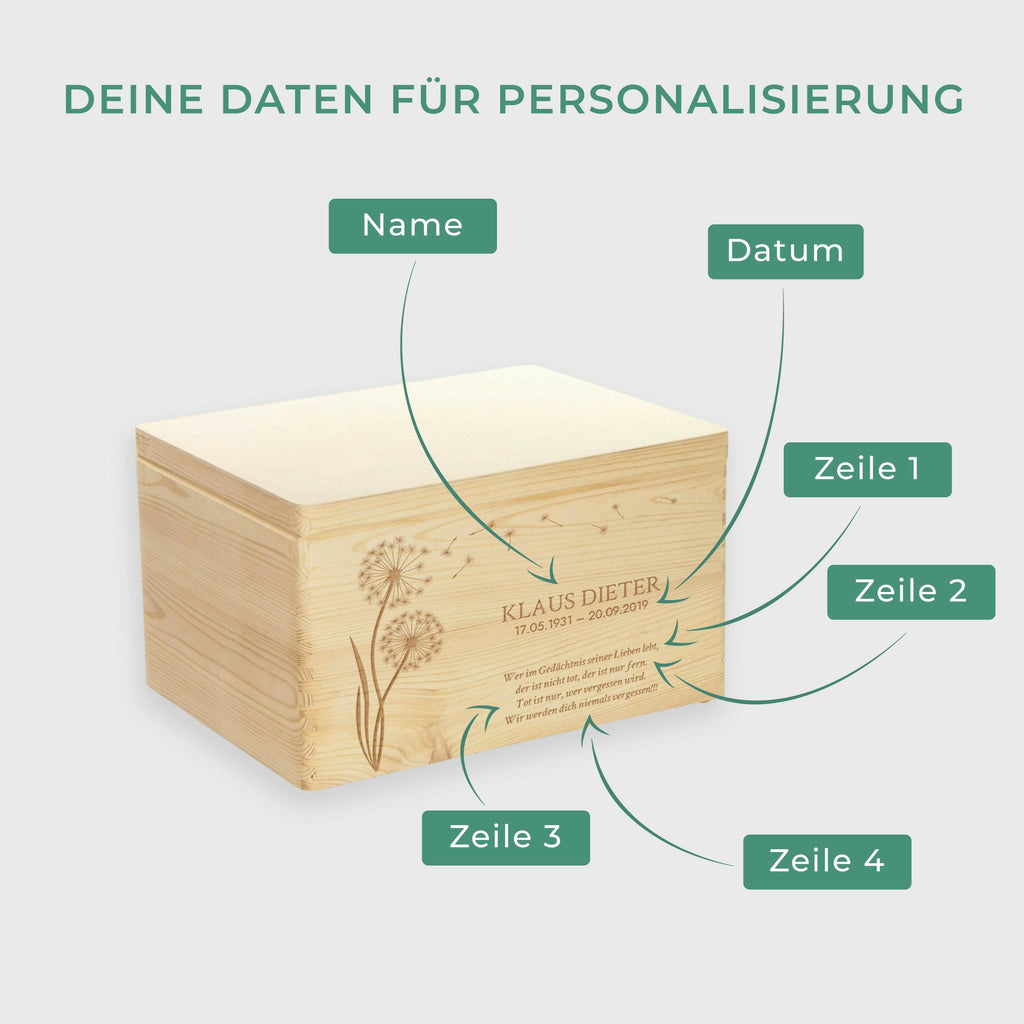 Erinnerungskiste an geliebte Menschen - Personalisiert - Pusteblume Front-Motiv - Größe XL.