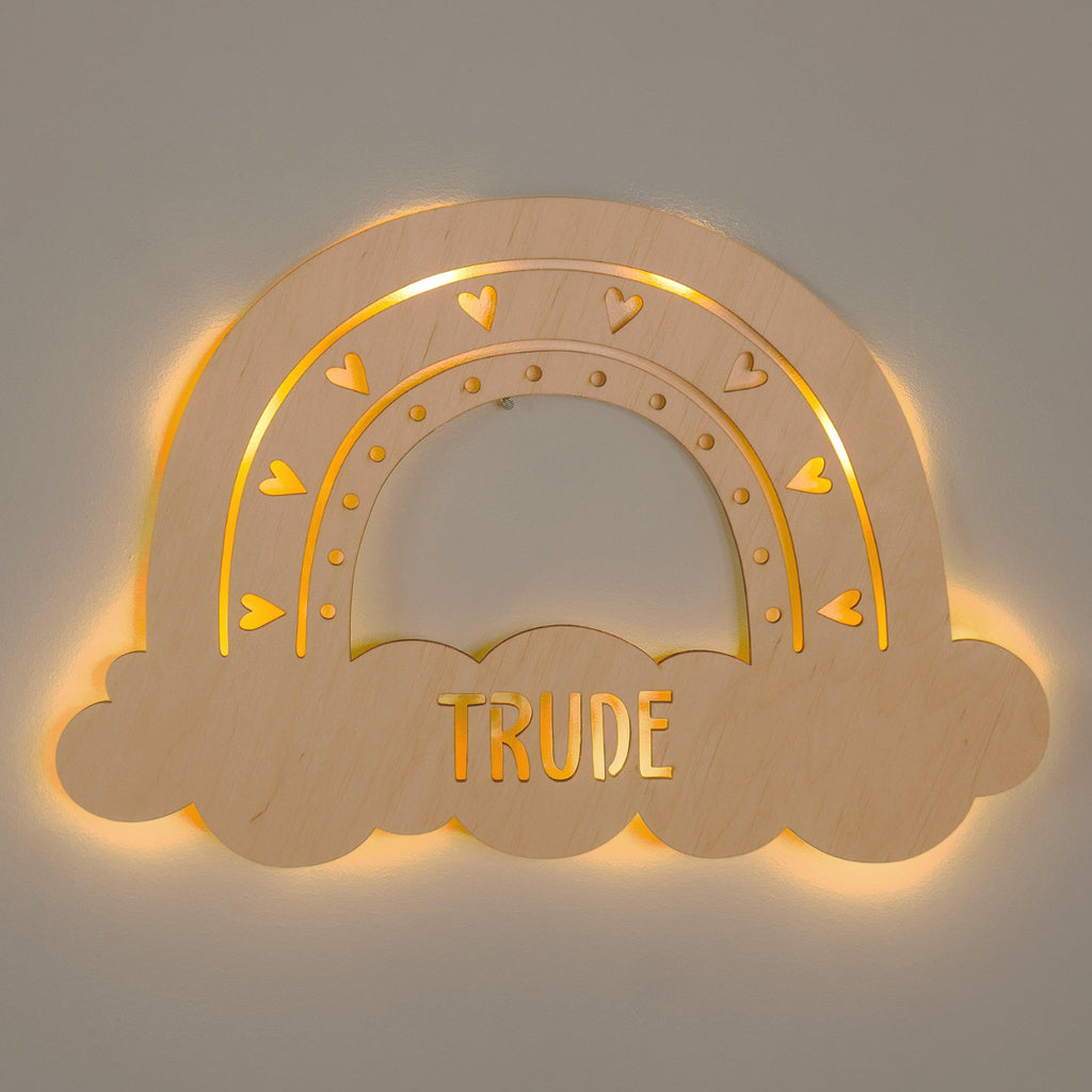 Schlummerlicht Baby mit Namen - Kinder Nachtlicht Personalisiert -  Regenbogen & Wolke | LED Holz Lampe.