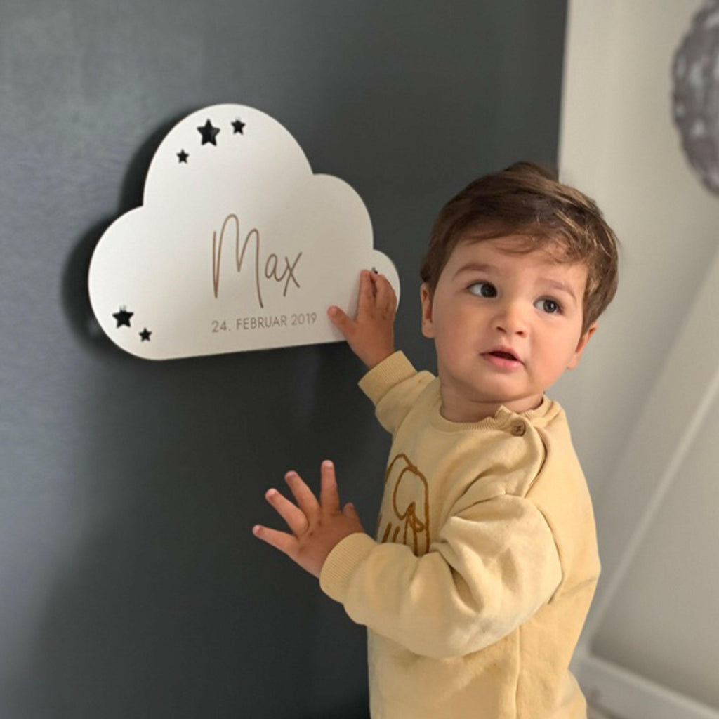 Schlummerlicht Baby mit Namen - Kinder Nachtlicht Personalisiert - Niers Wolke | LED Holz Lampe weiß.