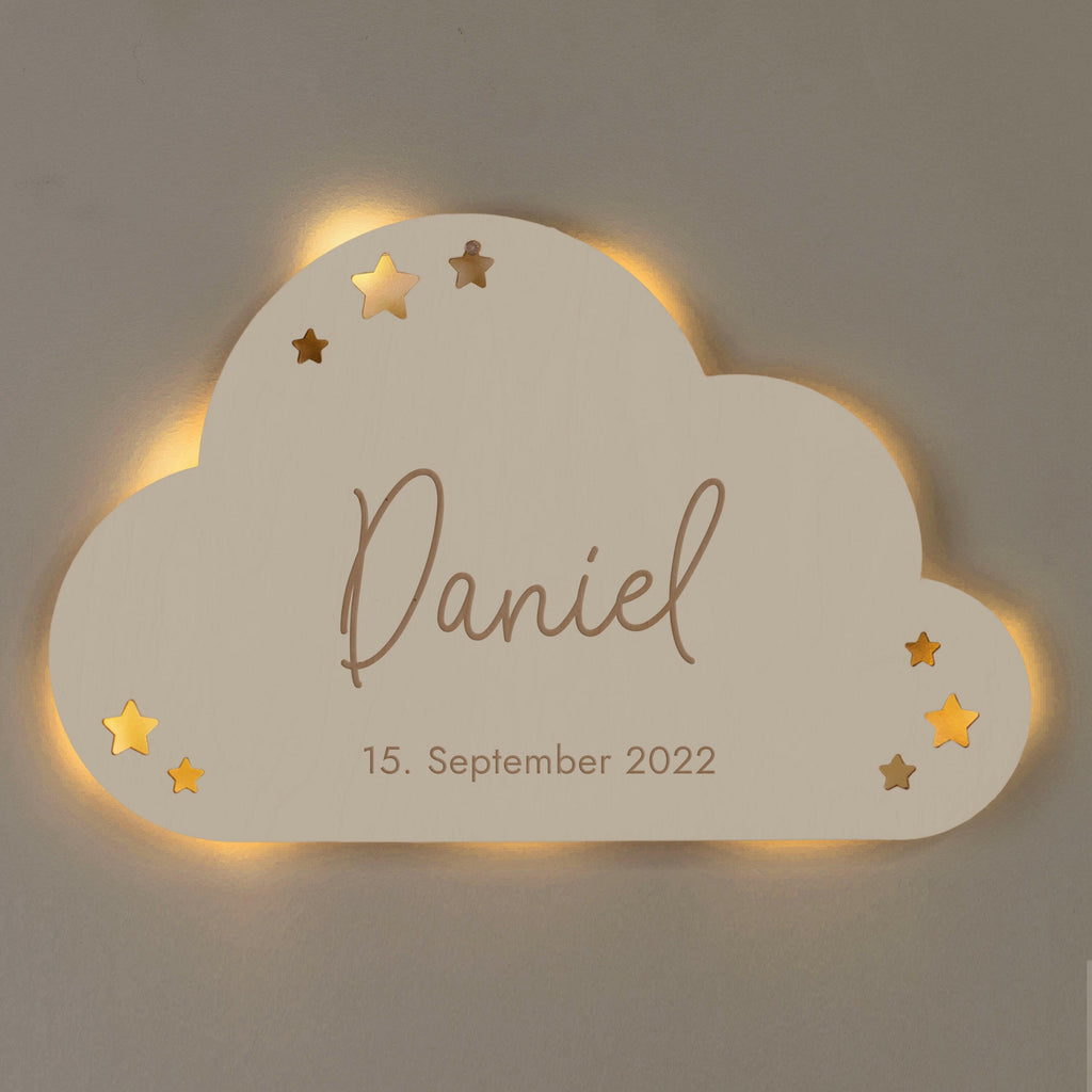 Schlummerlicht Baby mit Namen - Kinder Nachtlicht Personalisiert - Niers Wolke | LED Holz Lampe weiß.
