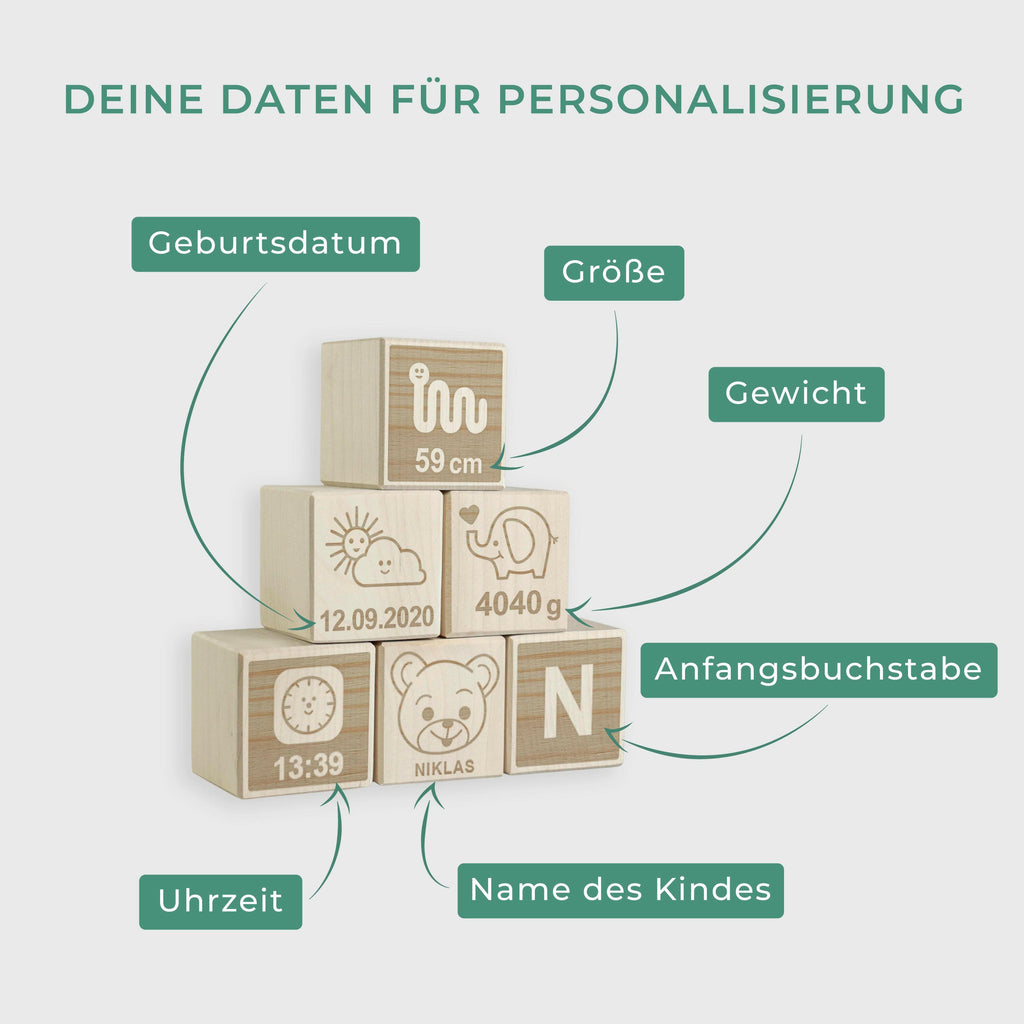 Holzwürfel - Personalisiert mit Namen - Holzspielzeug mit Gravur - 6er Würfel Set - Teddybär - Image 3