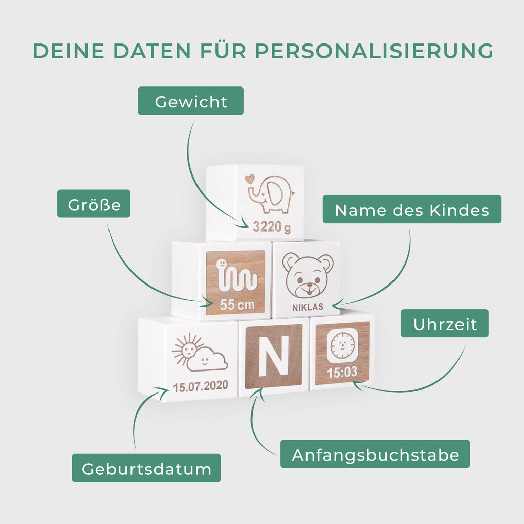 Holzwürfel - Personalisiert mit Namen - Holzspielzeug mit Gravur - 6er Würfel Set - Teddybär - Weiß - Image 3