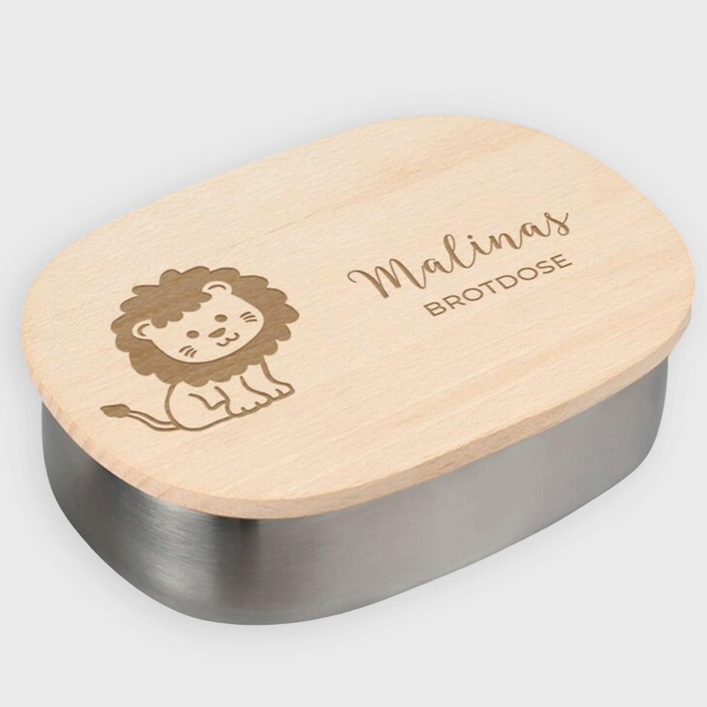Personalisierte Kinderbrotdose Kindergarten - Lunchbox Kinder aus Edelstahl mit Holzdeckel - Löwe Motiv - Image 1
