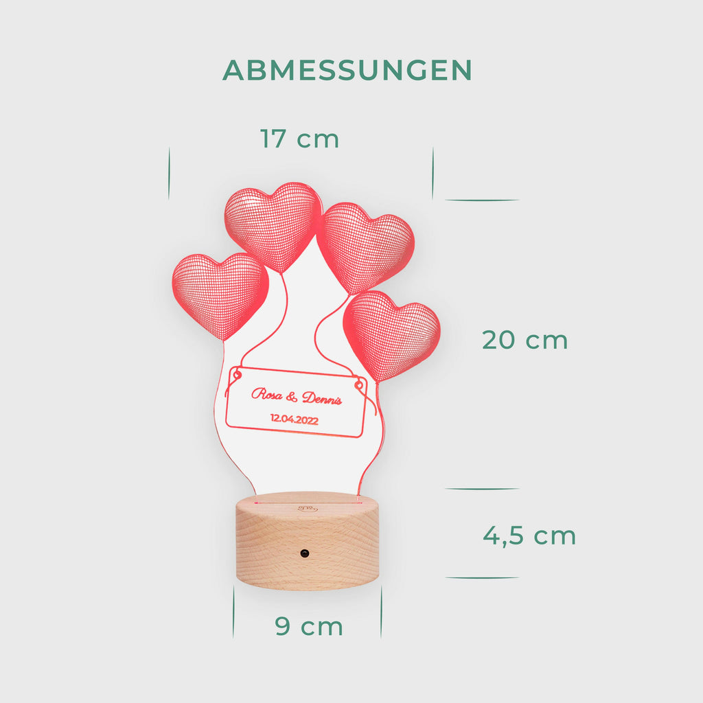 LED Stimmungslicht für Paare - Personalisiert - 3D Lampe mit Holzsockel - Ballonherzen - Image 6