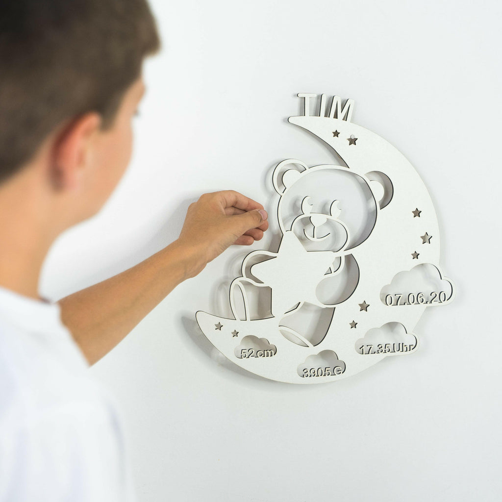 Schlummerlicht Baby mit Namen - Kinder Nachtlicht Personalisiert -  Bär & Mond | LED Holz Lampe.