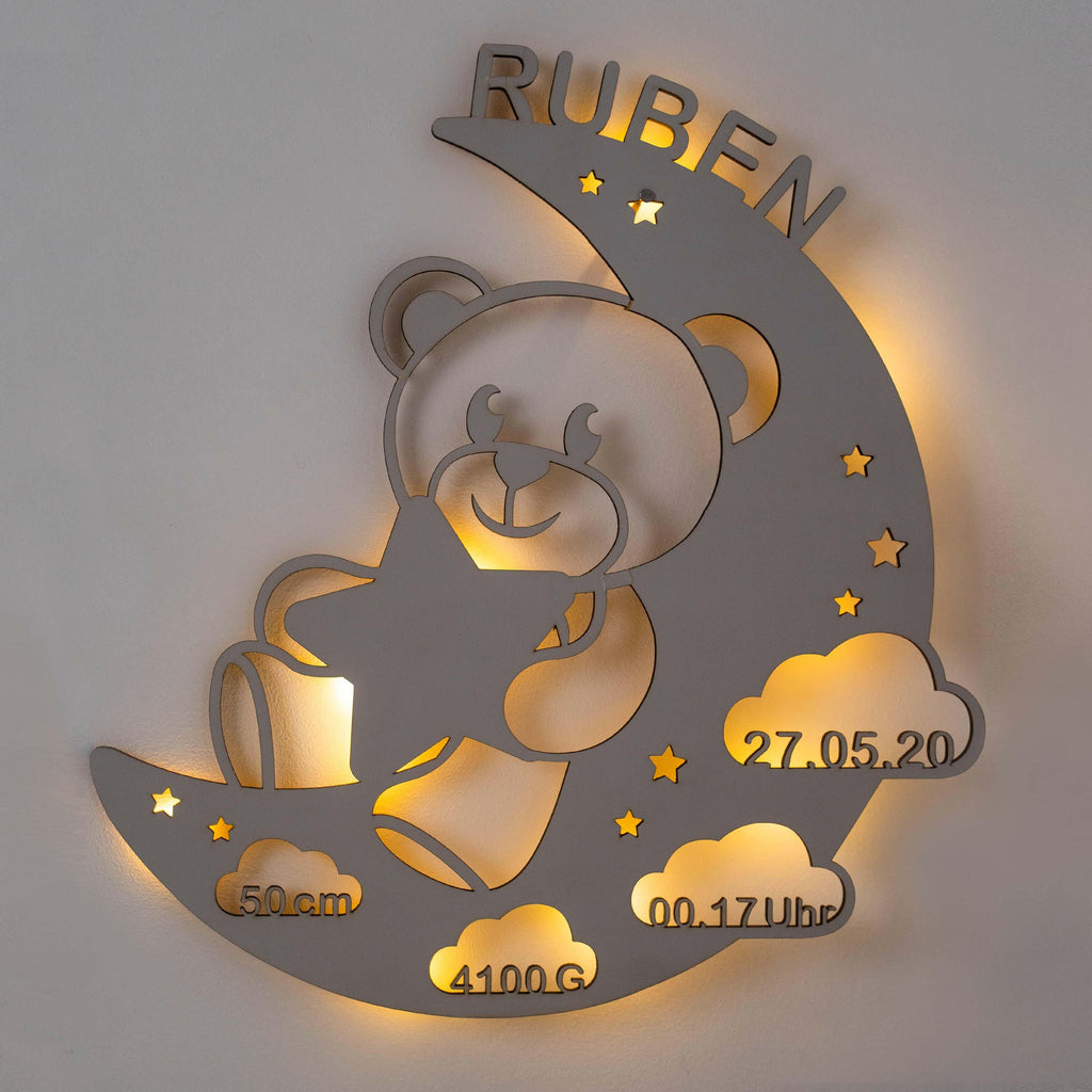 Schlummerlicht Baby mit Namen - Kinder Nachtlicht Personalisiert -  Bär & Mond | LED Holz Lampe.
