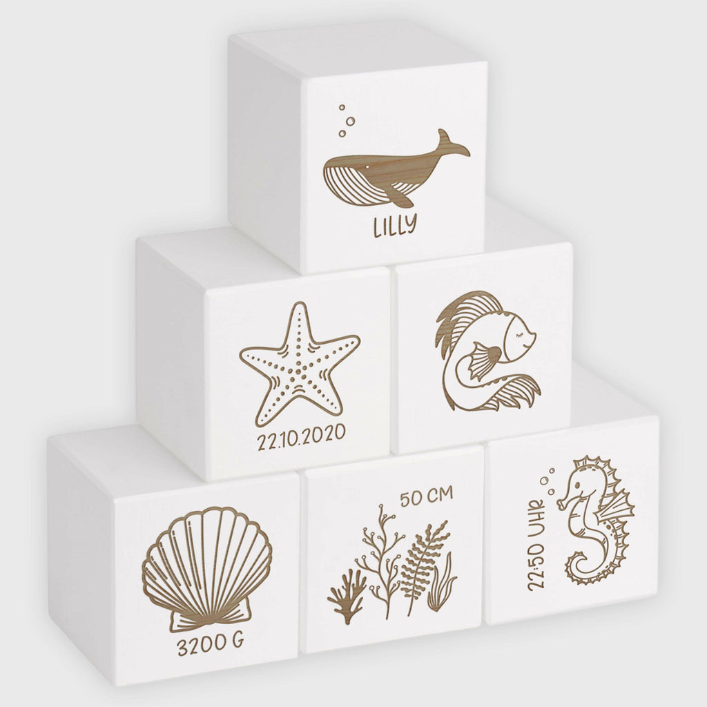 Holzwürfel - Personalisiert mit Namen - Holzspielzeug mit Gravur - 6er Würfel Set - Ocean - Image 1