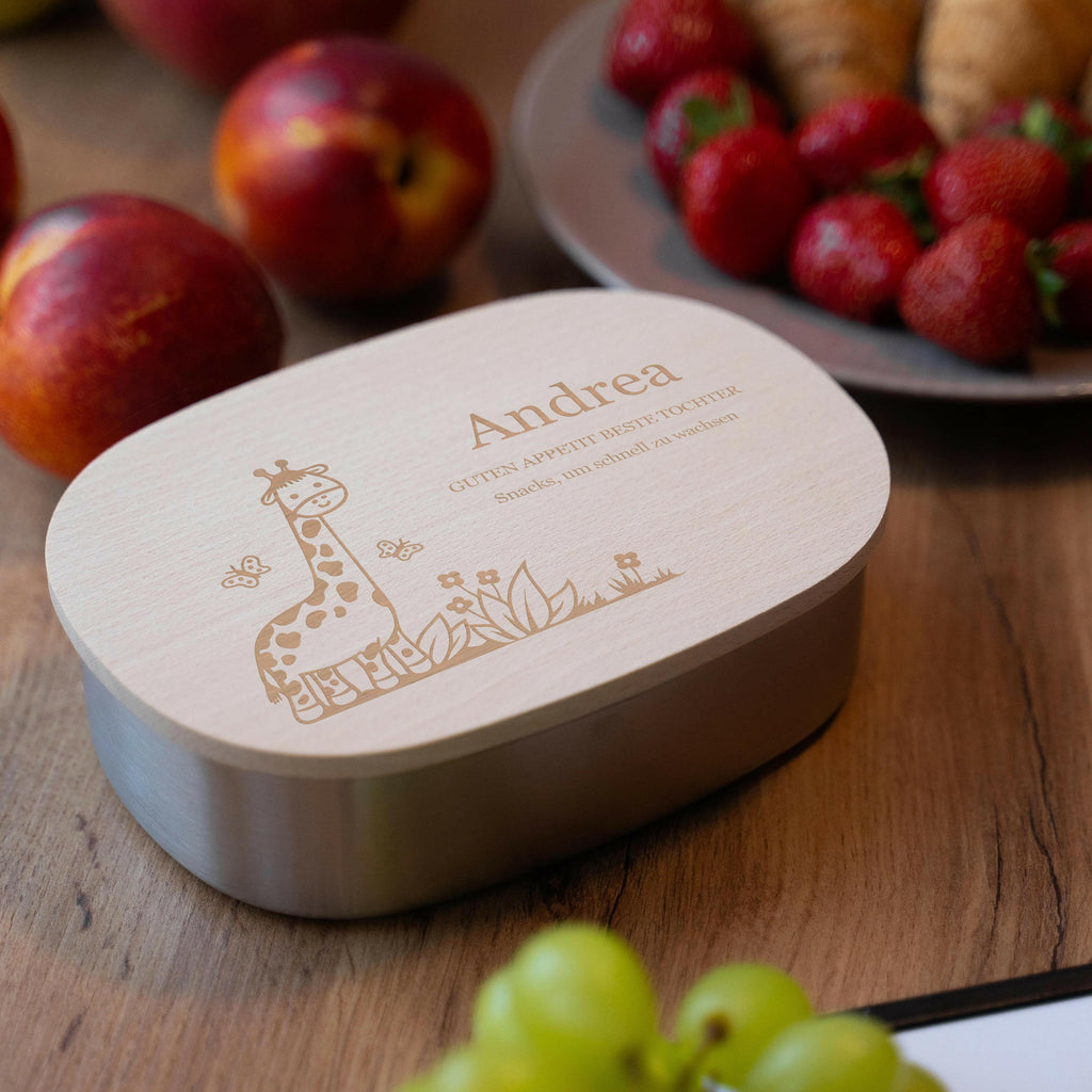 Personalisierte Brotdose für Kinder - Edelstahl Lunchbox Kids mit Holzdeckel - Giraffe Motiv - Image 4