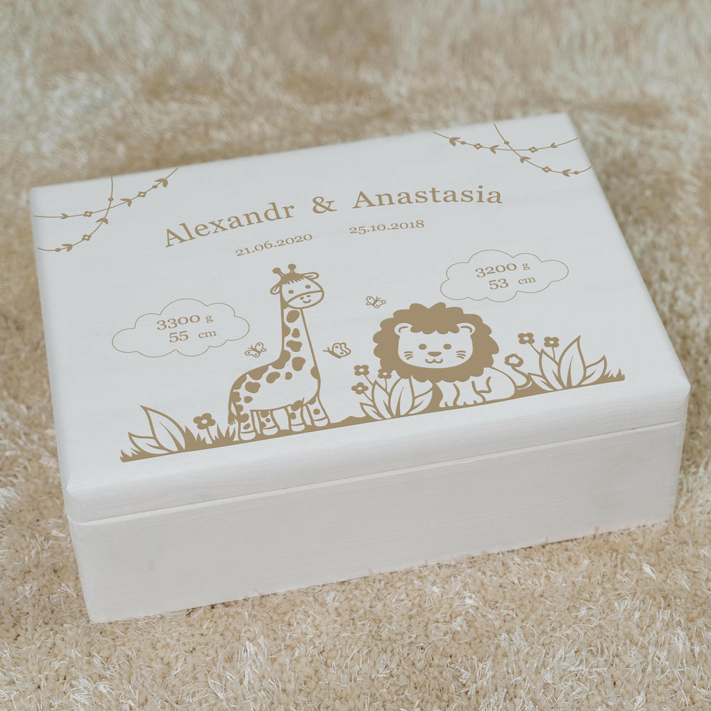 Erinnerungsbox für zwei Kinder - Personalisiert - Dschungel Serie - Weiß.
