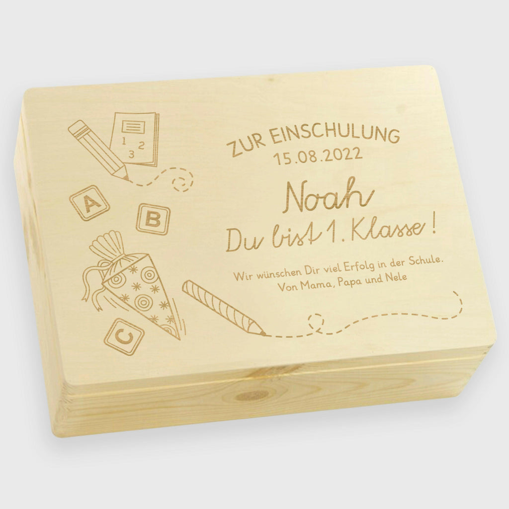 Erinnerungskiste - Schultüte mit Name & Datum - Erinnerungsbox Natur FSC® | Geschenk zur Einschulung, Schulanfang & Schulstart für Jungen & Mädchen.