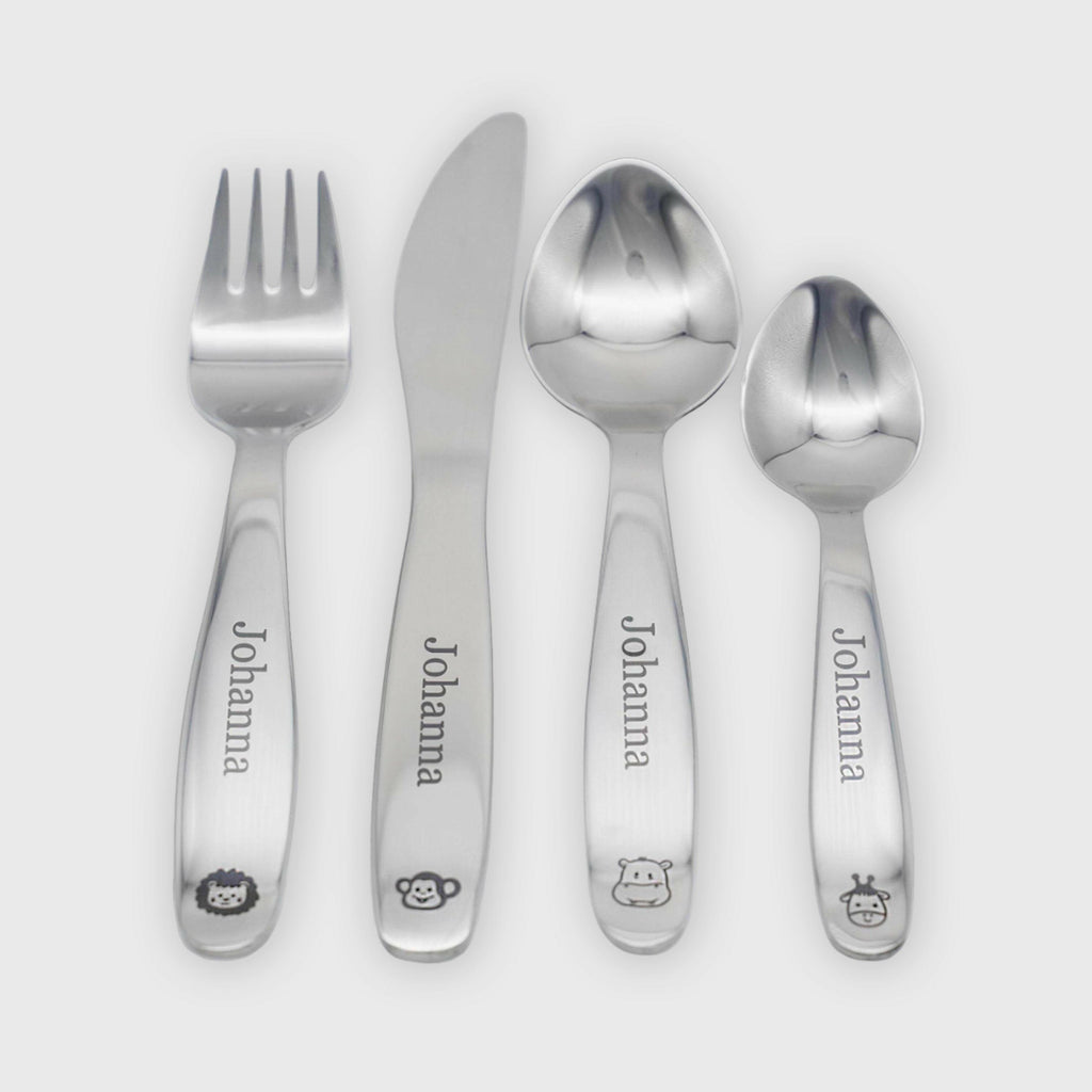 Personalisiertes 4-dinge Kinderbesteck mit Gravur - Dschungel Motiv.