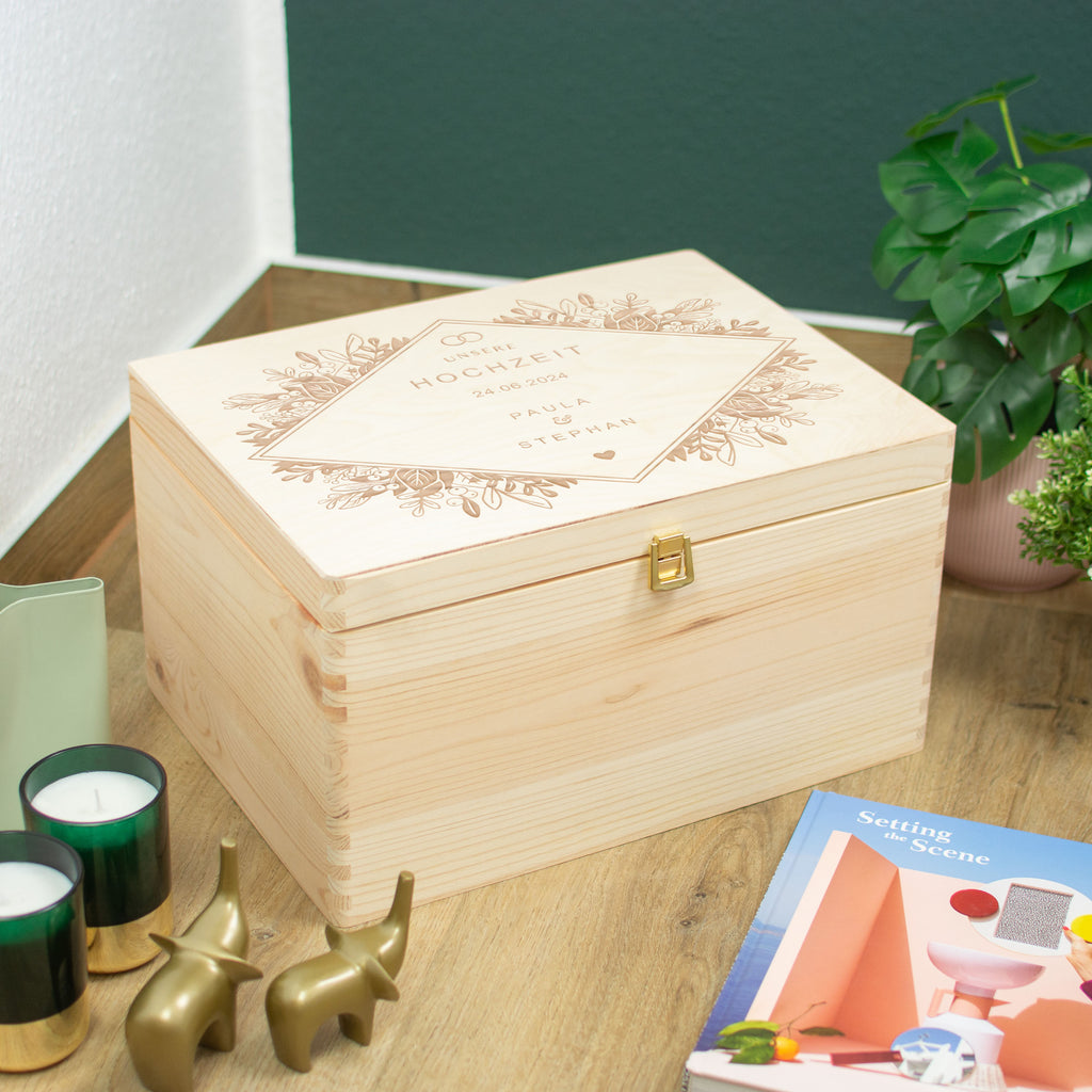 Erinnerungsbox zur Hochzeit - Florale Raute - Hochzeitskiste personalisiert mit Gravur - Natur, FSC® - Image 10