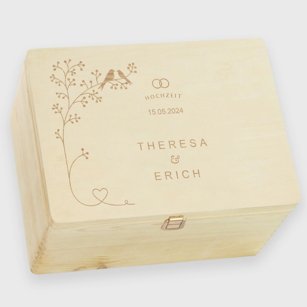 Erinnerungsbox zur Hochzeit - Vogelpärchen - Hochzeitskiste personalisiert mit Gravur - Natur, FSC® - Image 15