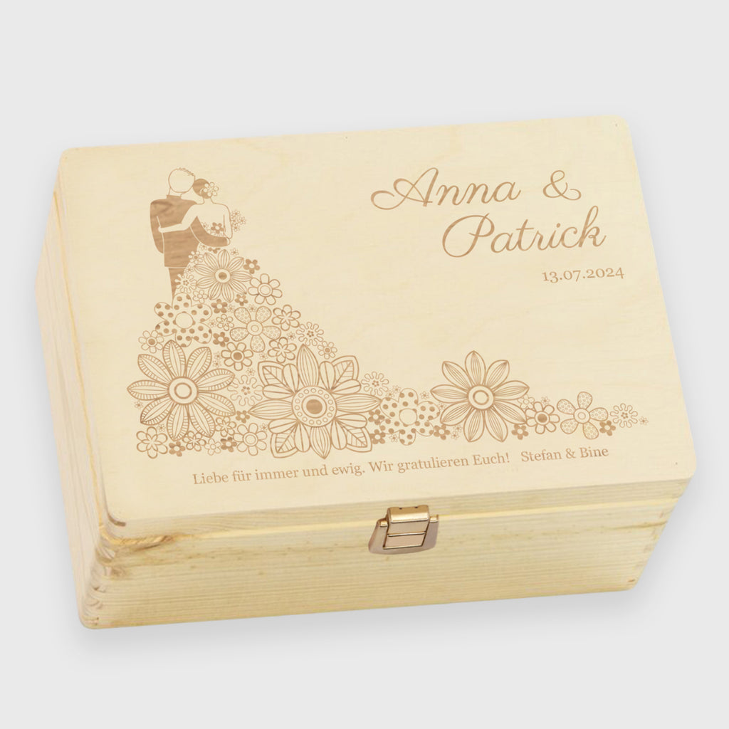 Erinnerungsbox zur Hochzeit - Blumenkleid - Hochzeitskiste personalisiert mit Gravur, Holzkiste Natur, FSC® - Image 1