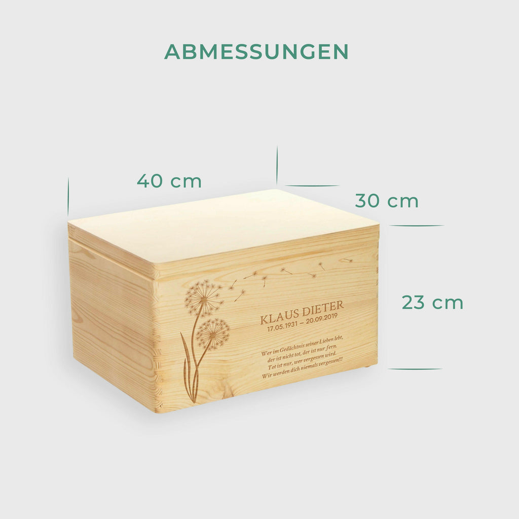 Erinnerungskiste an geliebte Menschen - Personalisiert - Pusteblume Front-Motiv - Größe XL.