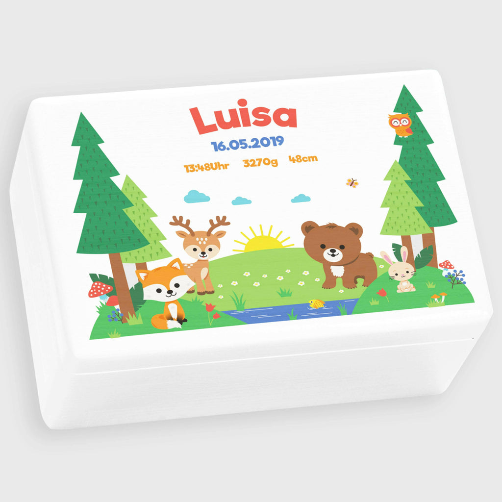 Erinnerungskiste für Baby - Personalisiert - Waldtiere Motiv - Weiß.