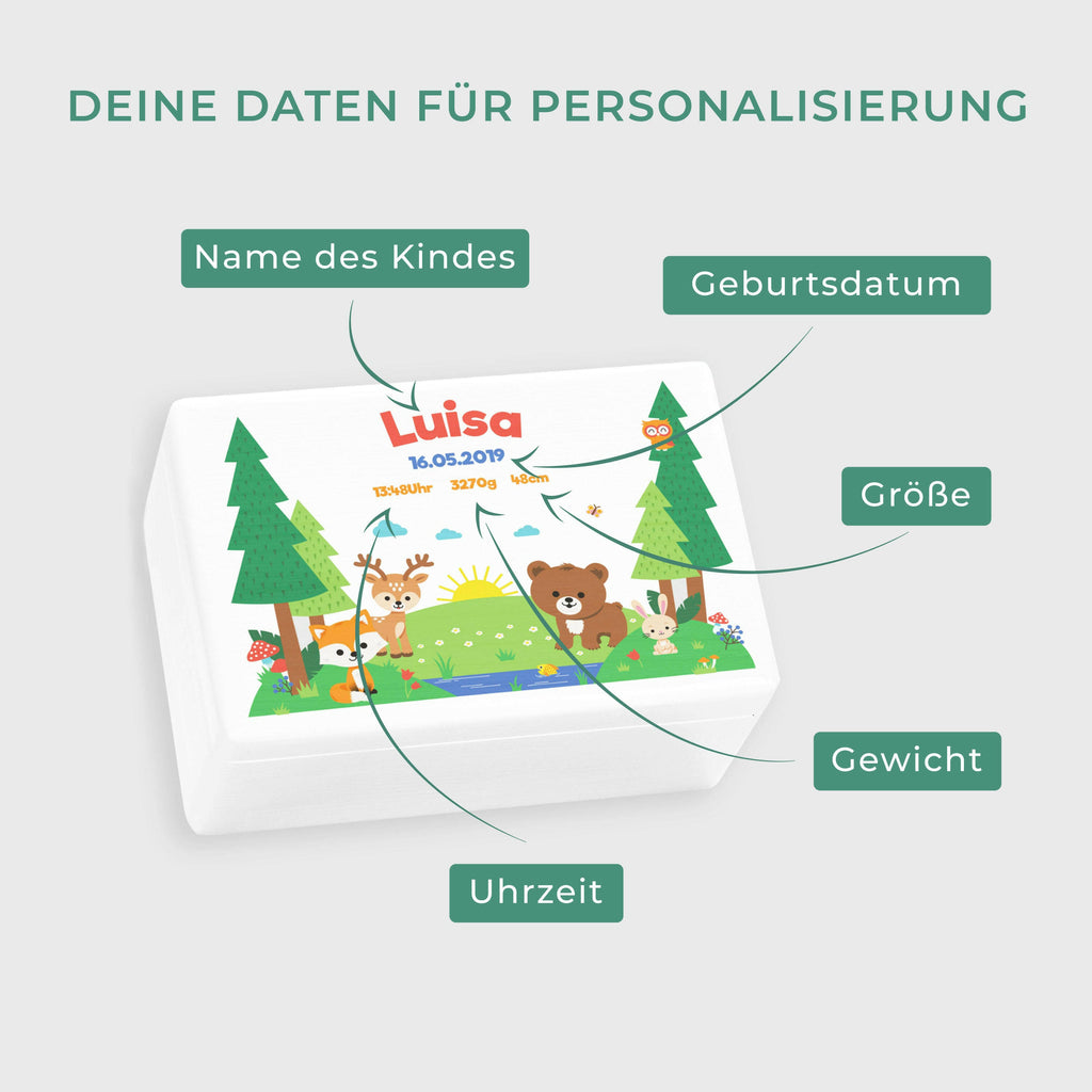 Erinnerungskiste für Baby - Personalisiert - Waldtiere Motiv - Weiß.