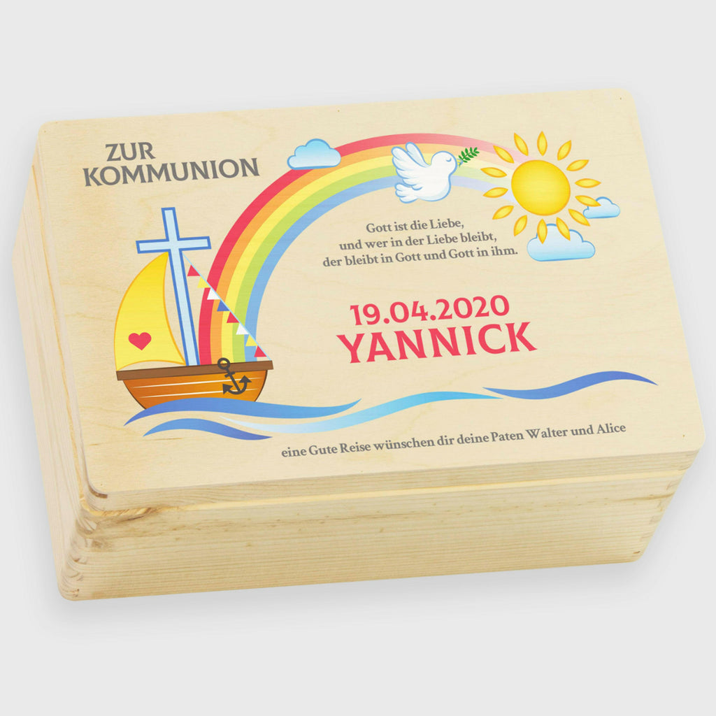 Holzkiste zur Kommunion - Personalisiert - Regenbogen Motiv - Natur.