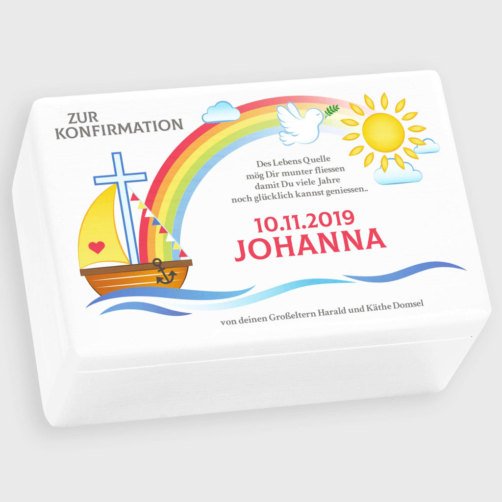 Holzkiste zur Konfirmation - Personalisiert - Frieden Motiv - Weiß.