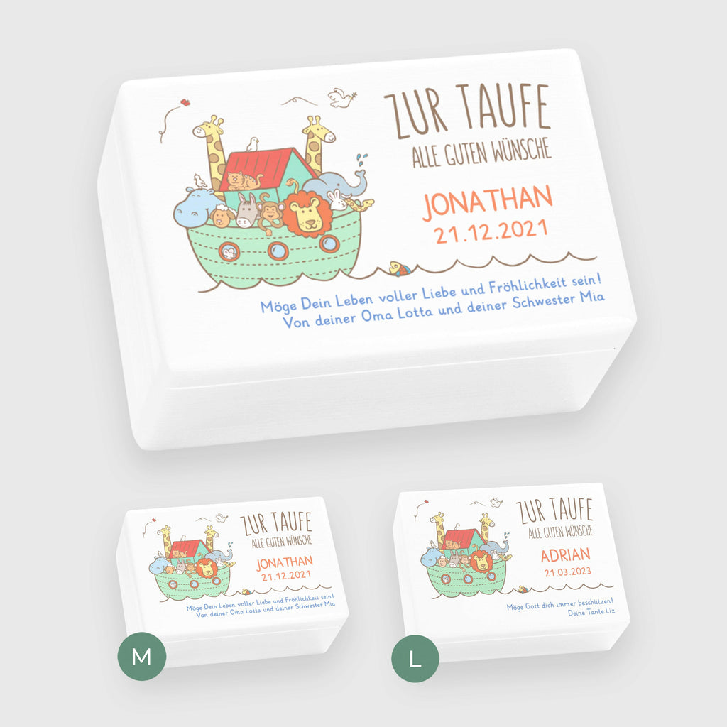 Personalisierte Erinnerungsbox als Taufgeschenk - Arche Noah UV Druck - Kiste Weiß FSC® | Erinnerungskiste als Geschenk zur Taufe für Junge & Mädchen.