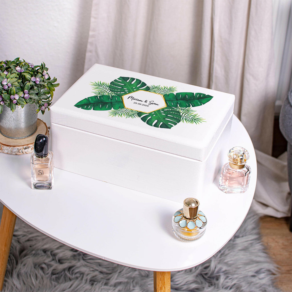 Erinnerungsbox zur Hochzeit - Personalisiert - Blumenstrauß Motiv - Weiß.