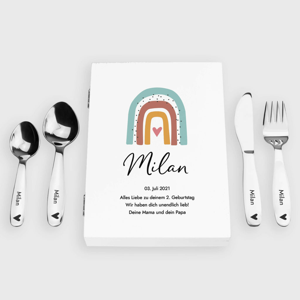 Kinderbesteck personalisiert mit Namen - Besteckset Regenbogen Motiv - Image 1