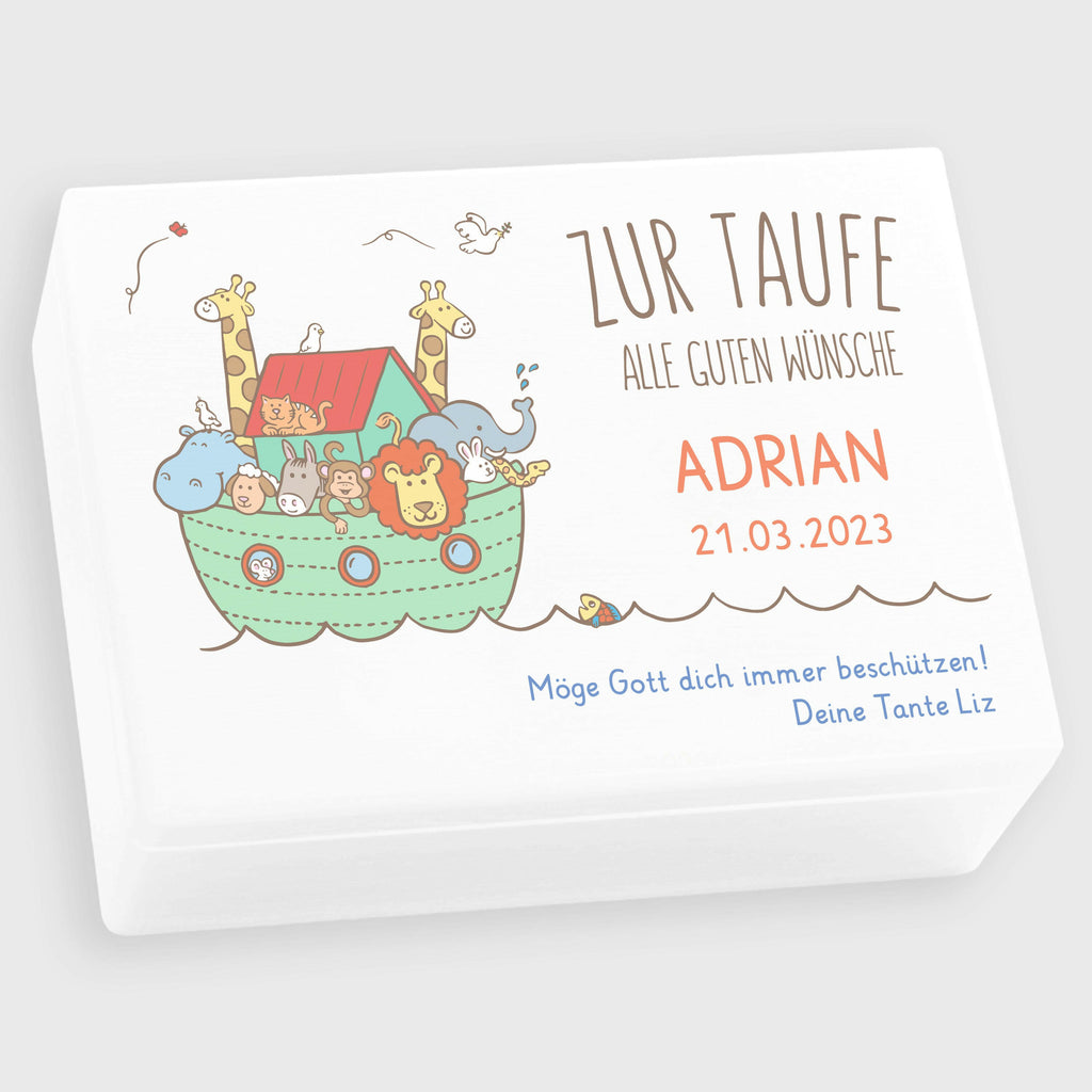 Personalisierte Erinnerungsbox als Taufgeschenk - Arche Noah UV Druck - Kiste Weiß FSC® | Erinnerungskiste als Geschenk zur Taufe für Junge & Mädchen.