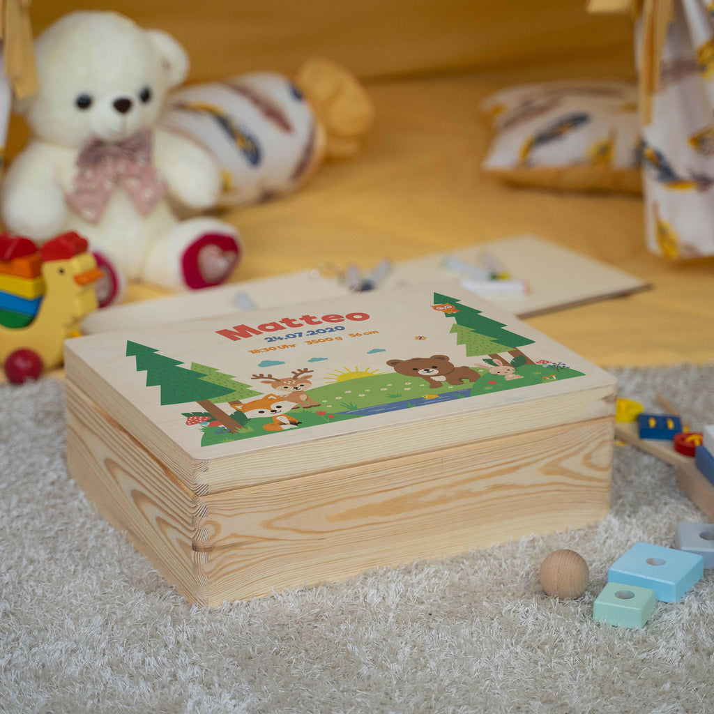 Erinnerungsbox für Baby - Personalisiert - Waldtiere Motiv - Natur.