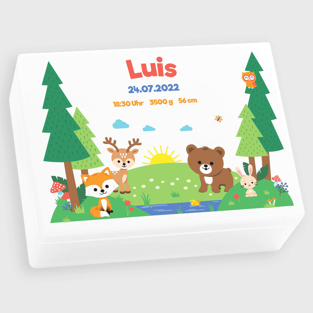 Erinnerungskiste für Baby - Personalisiert - Waldtiere Motiv - Weiß.