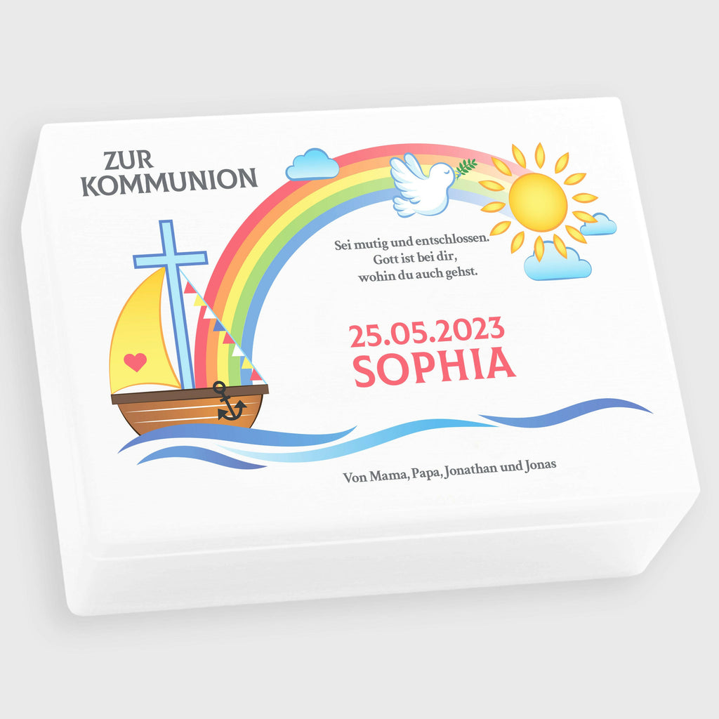 Holzkiste zur Kommunion - Personalisiert - Regenbogen Motiv - Weiß.