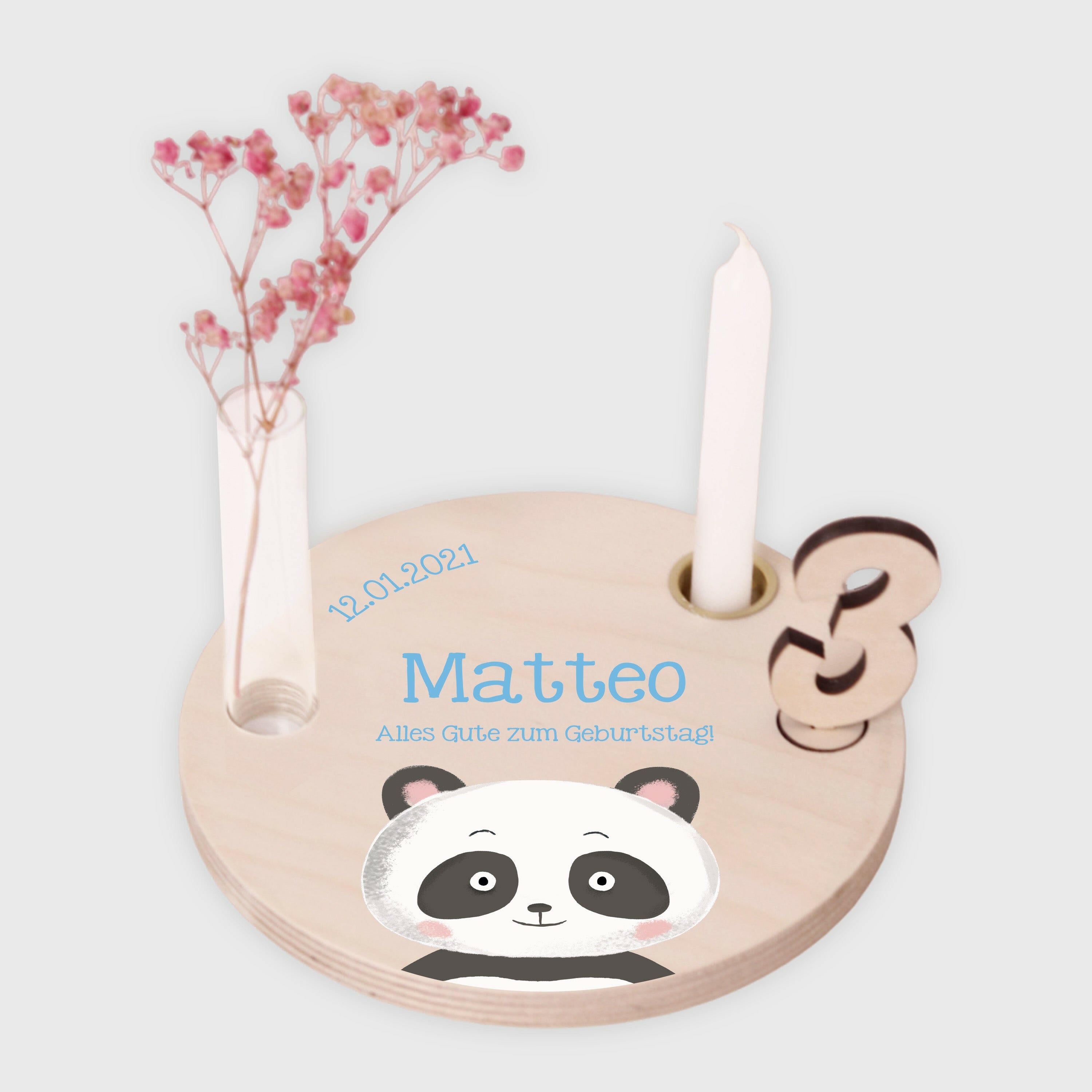 Personalisierter Geburtstagsteller aus Holz mit Kerzenhalter, Vase & Zahlen (Panda Motiv), Natur