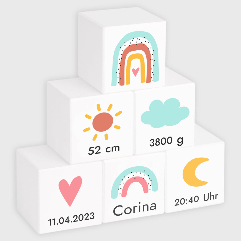 Holzwürfel - Personalisiert mit Namen - Holzspielzeug mit Gravur - 6er Würfel Set - Regenbogen - Weiß - Image 1