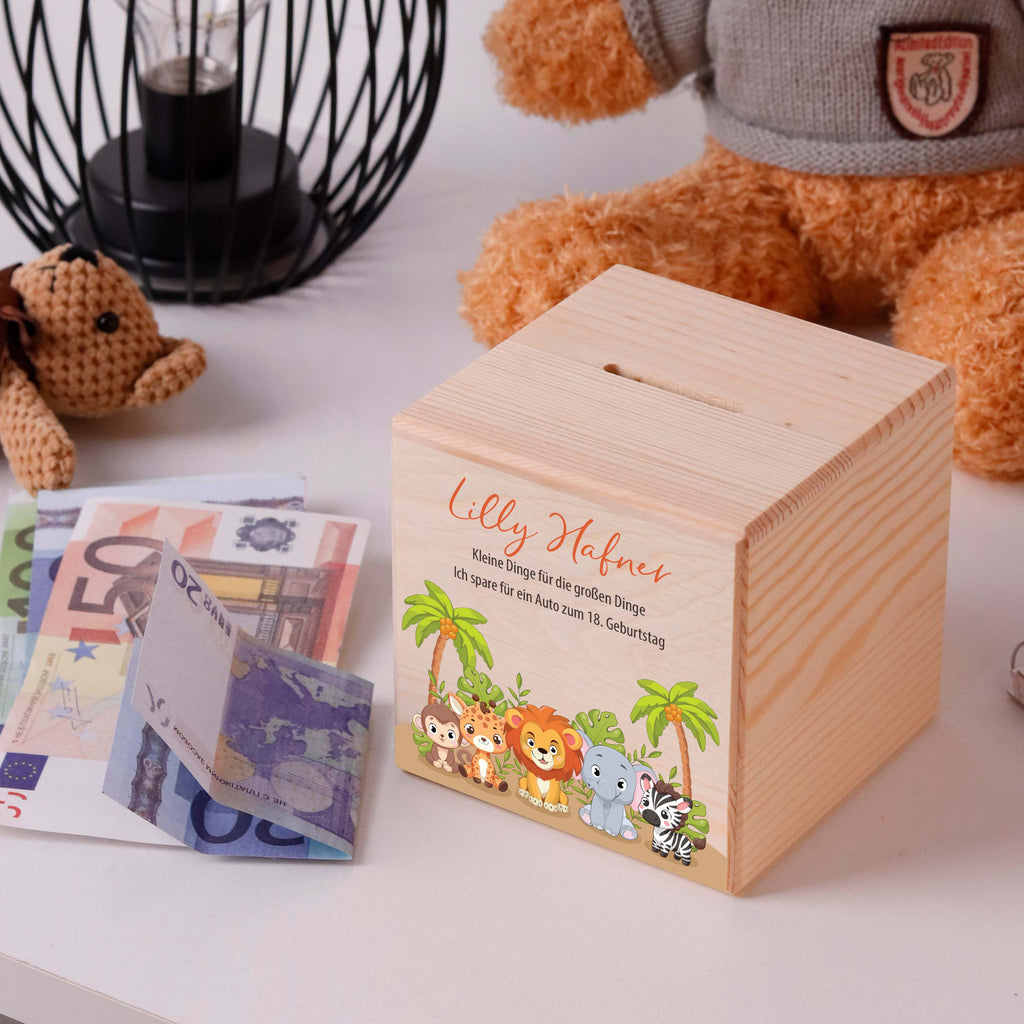 Personalisierte Spardosen für Kinder mit Namen aus Holz