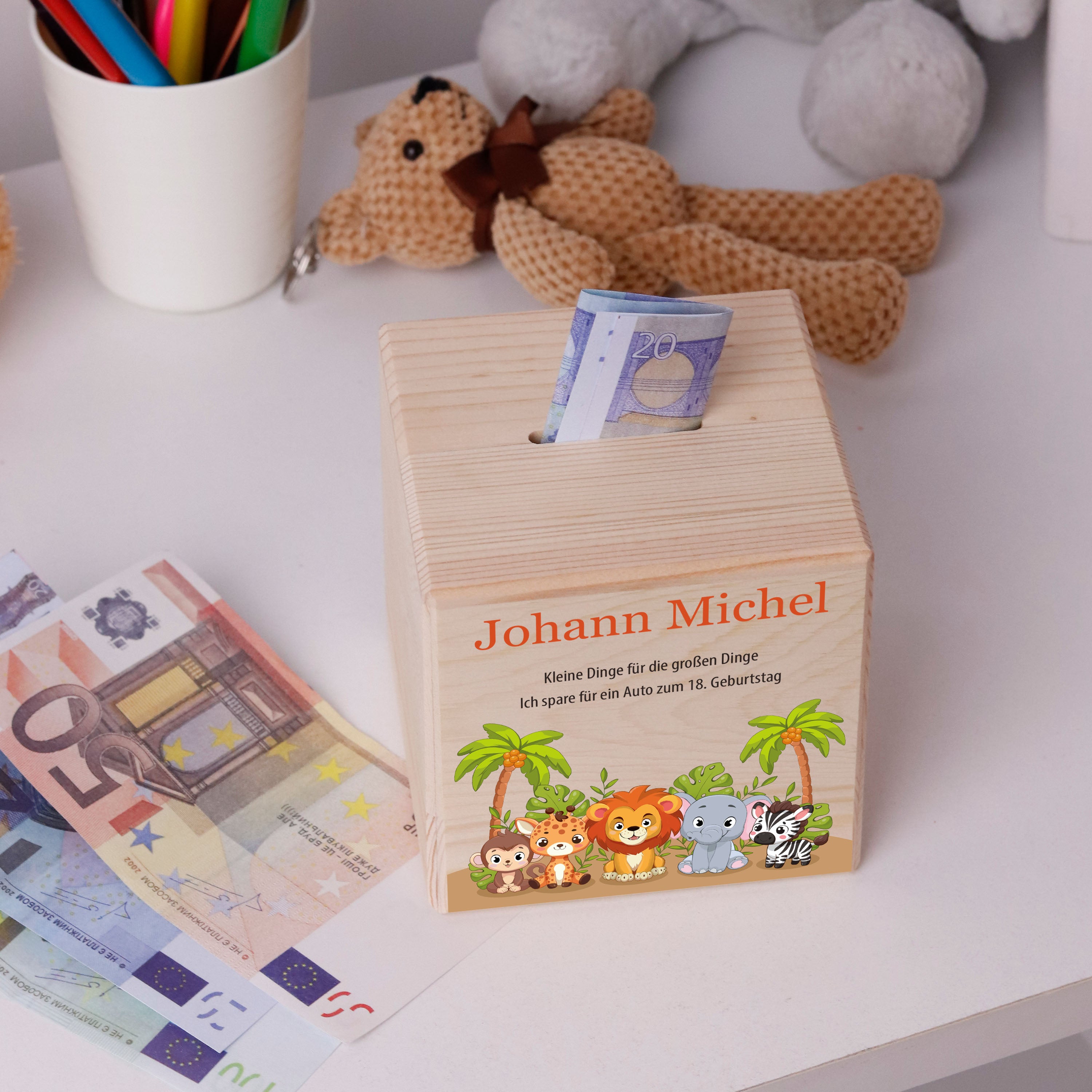 Spardosen für Kinder online kaufen Kinder Spardose Personalisiert mit Namen (Safari) | LAUBLUST.de