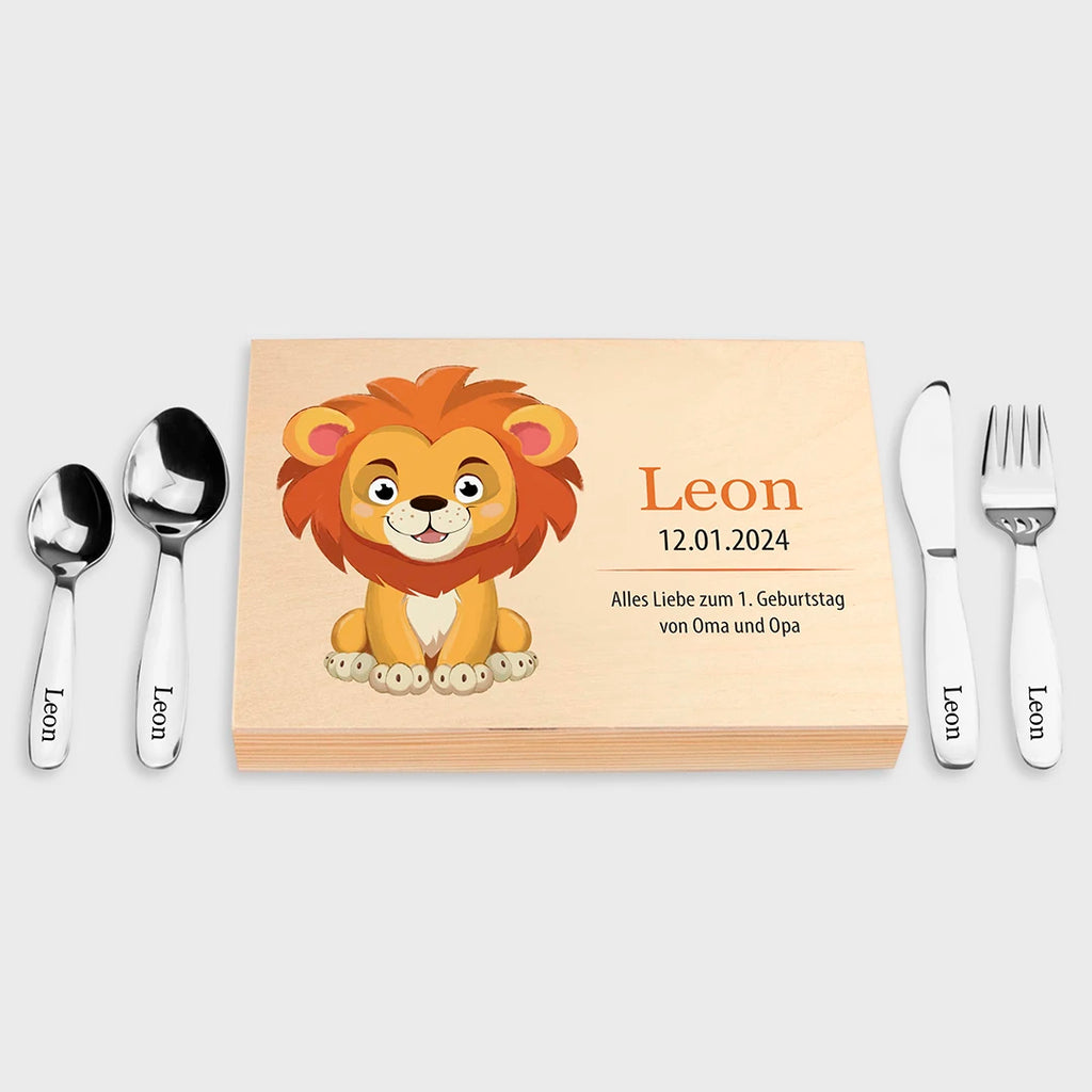 Kinderbesteck personalisiert mit Namen - Besteckset Löwe Motiv - Image 1