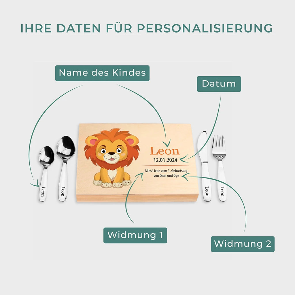 Kinderbesteck personalisiert mit Namen - Besteckset Löwe Motiv - Image 3