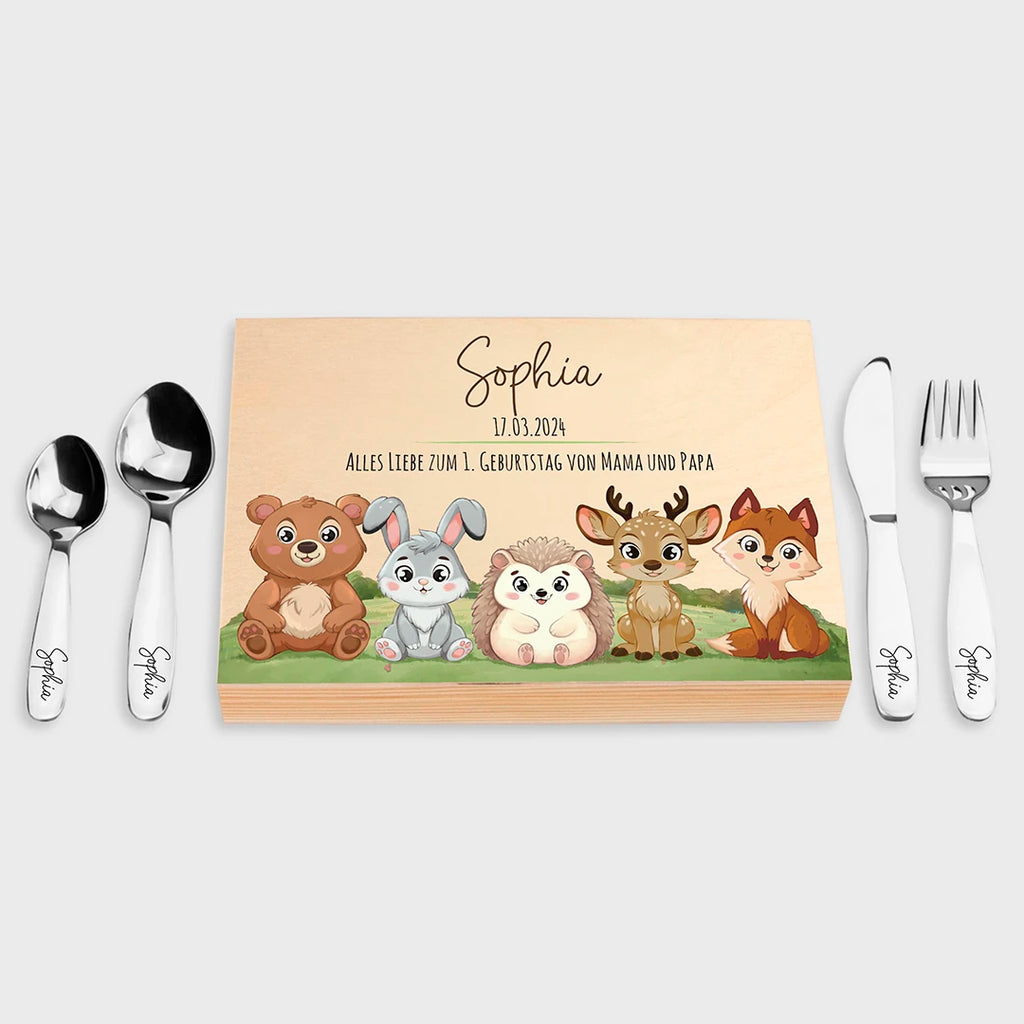 Kinderbesteck personalisiert mit Namen - Besteckset Waldtiere Motiv - Image 1